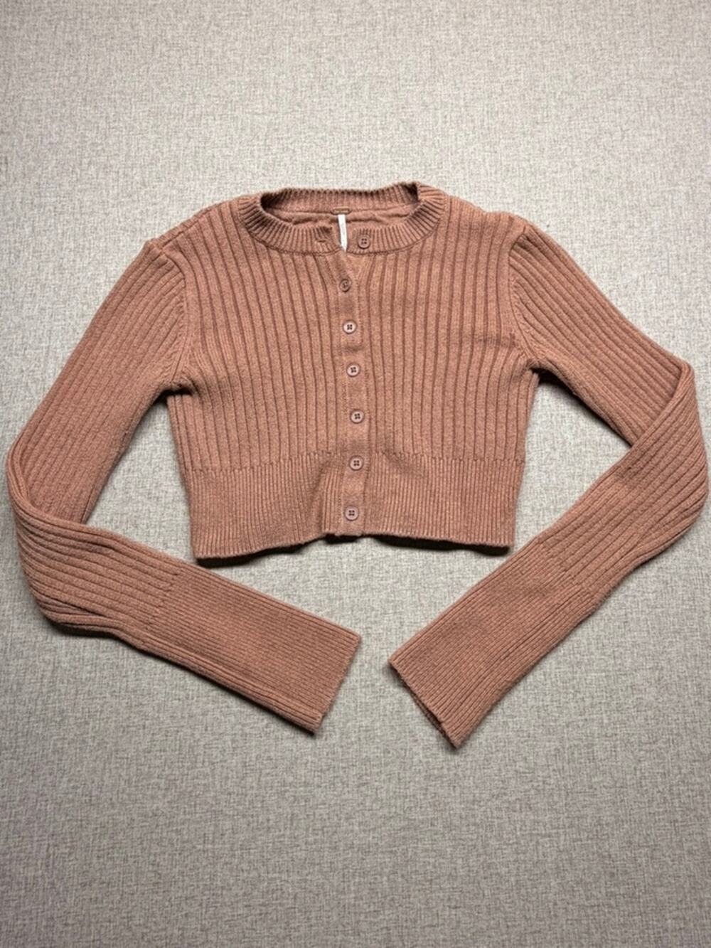 Free People Brown Ribbed Cropped Cardigan Small Button Front Long Sleeve Sweater